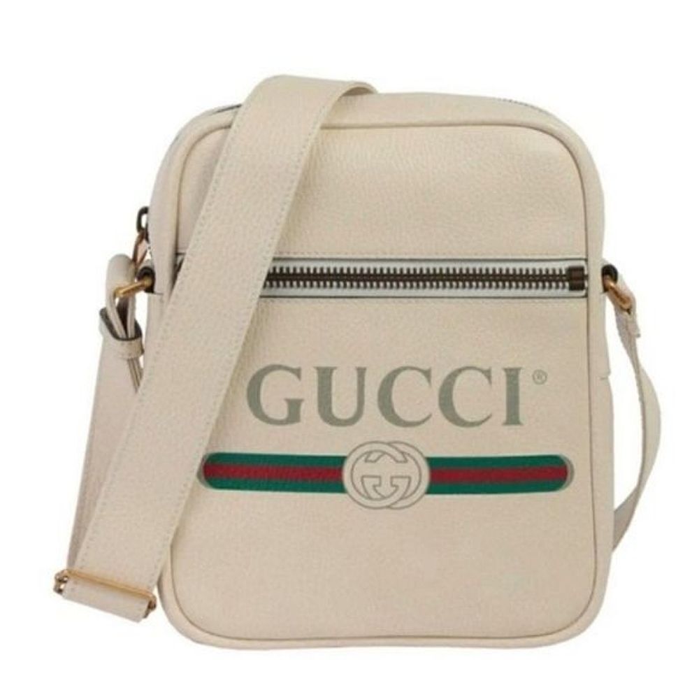 Gucci Men's Authentic White Logo Print Leather Messenger Crossbody Bag